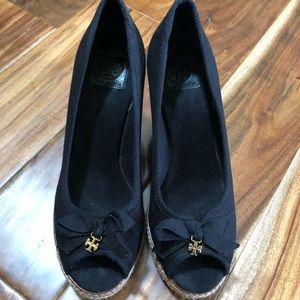 Tory Burch Black Canvas Wedges